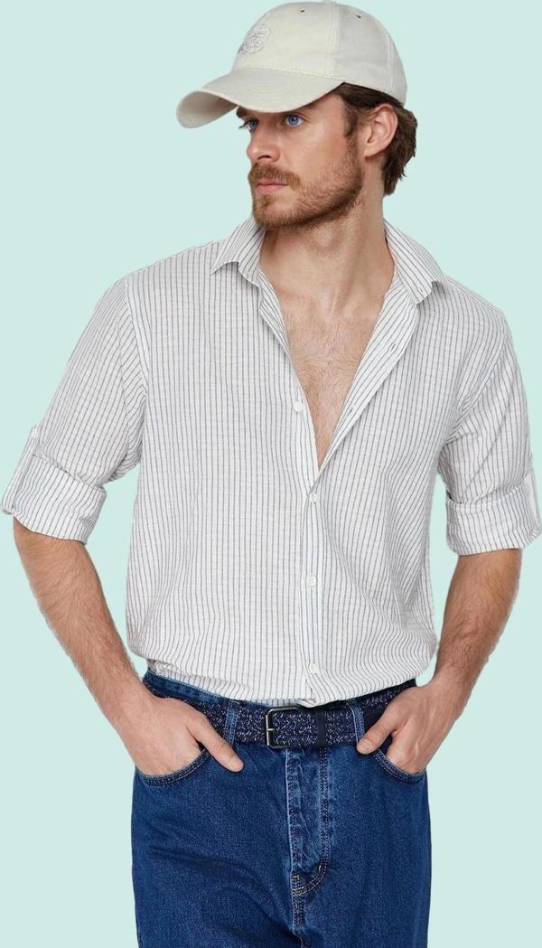 Erkek Keten Karışımlı Çizgili Gömlek Regular Fit Yaka Casual Günlük Yaz Aylarının Vazgeçilmezi - Image 1