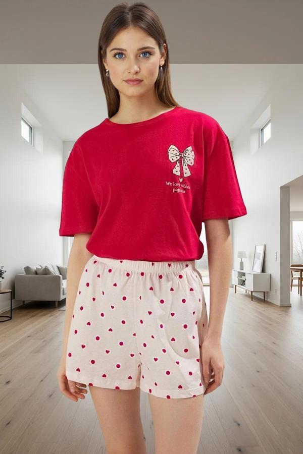 Pamuklu Kısa Kollu Pijama Takımı Kalpli Desenli Şort ve Üst Özenle Seçilmiş - Image 1
