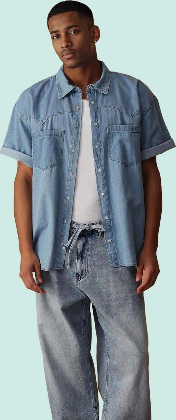 Erkek Denim Kot Gömlek Kısa Kol Düz Desen Regular Kalıp Pamuklu Günlük Stil Modern Tasarım - Image 1