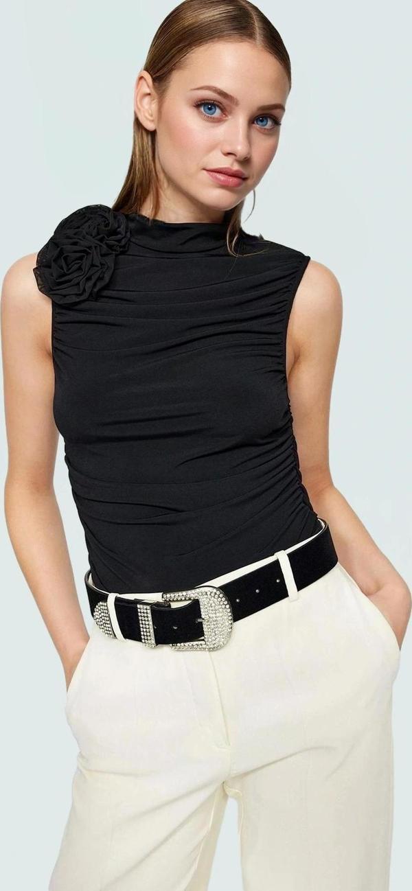 Kolsuz Örme Bluz Dik Yaka Regular Kalıp Polyester Karışımlı Yazlık Premium Kalite Modern Stil - Image 1