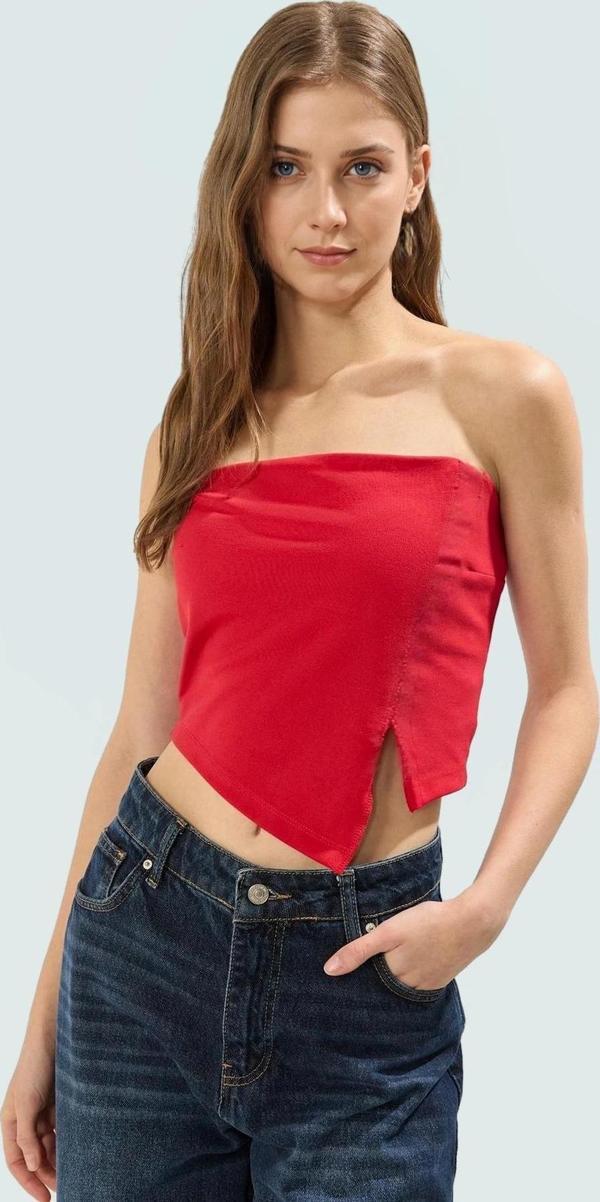 Fitted Straplez Crop Bluz Yan Fermuar Asimetrik Kesim Polyester Kumaş Profesyonel Görünüm - Image 1