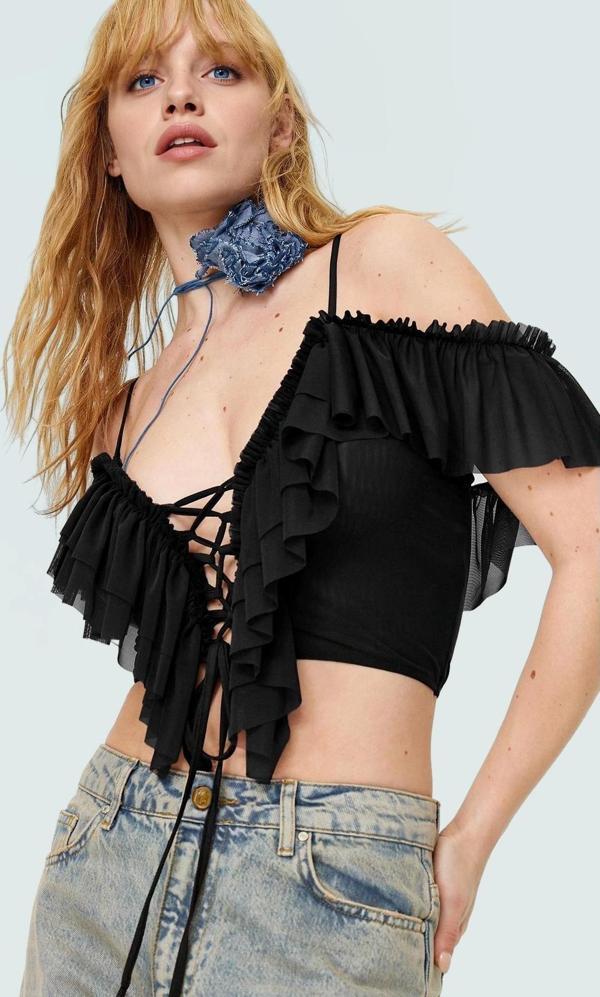 Kadın Yazlık Kolsuz Crop Bluz Fırfırlı Polyester Örme Kumaş Konforlu Kesim Yüksek Kalite - Image 1