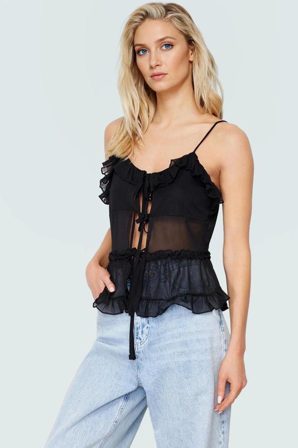 Askılı Bağlama Detaylı Tül Bluz Polyester Regular Kalıp Yazlık Rahat Kullanım Şık Görünüm - Image 1