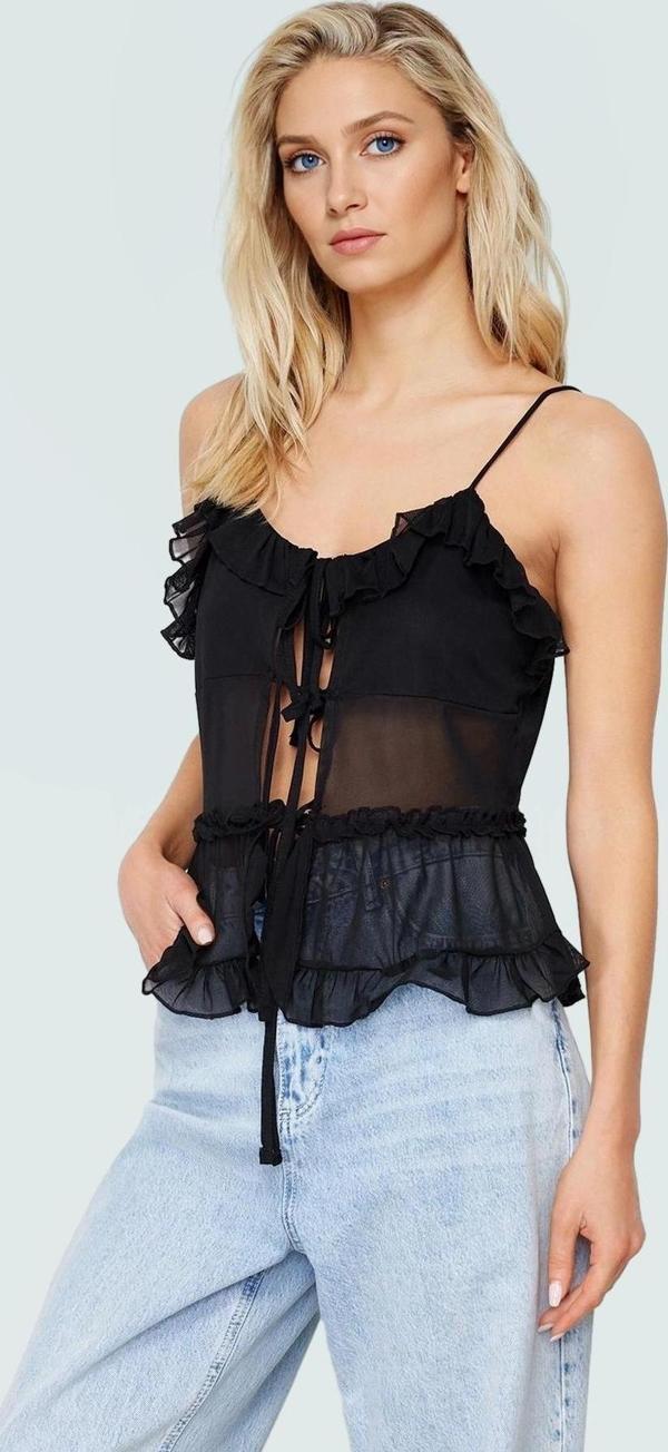 Askılı Bağlama Detaylı Tül Bluz Polyester Regular Kalıp Yazlık Rahat Kullanım Şık Görünüm - Image 1