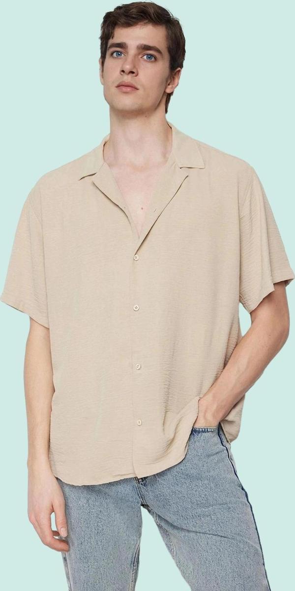 Erkek Oversize Keten Görünümlü Gömlek Kısa Kollu Apaş Yaka Günlük Yaz Aylarının Vazgeçilmezi - Image 1