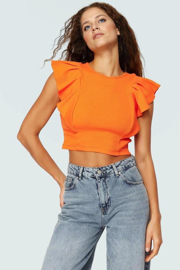 Fitted Crop Bluz Örme Kumaş Büzgülü Kollarla Rahat Şıklık Profesyonel Görünüm Seçkin Malzeme - Image 1