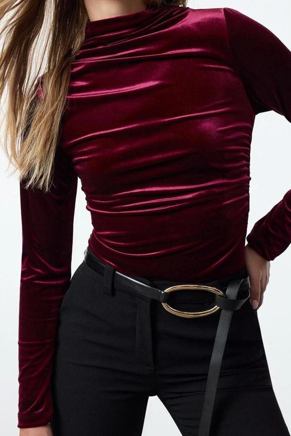 Stil Kadın Kadife Drapeli Fitted Vücuda Oturan Boy Bluz Regular Örme Slim Kalıp - Image 1
