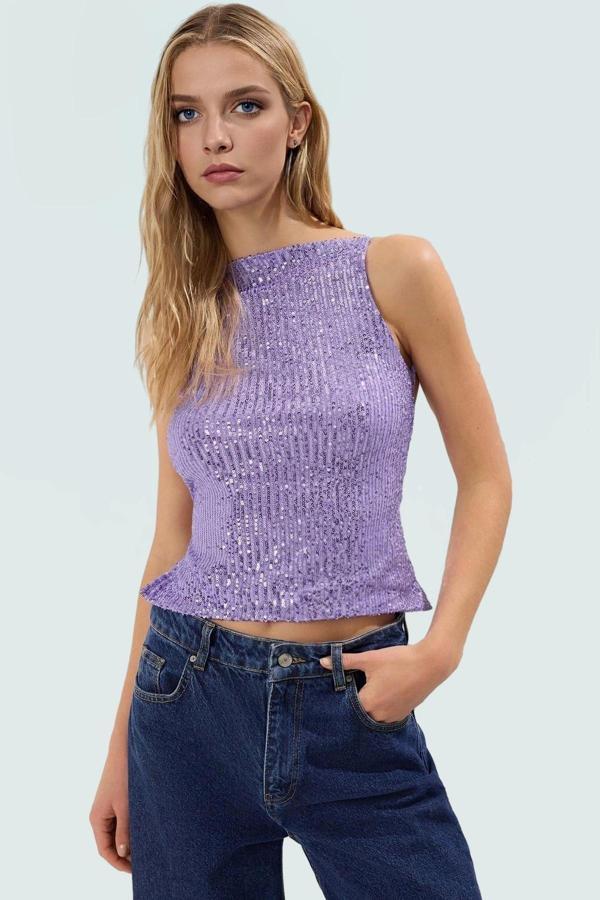 Regular Kalıp Kolsuz Bluz 100% Polyester Payetli Yazlık Şık Dayanıklı Malzeme Yüksek Kalite - Image 1