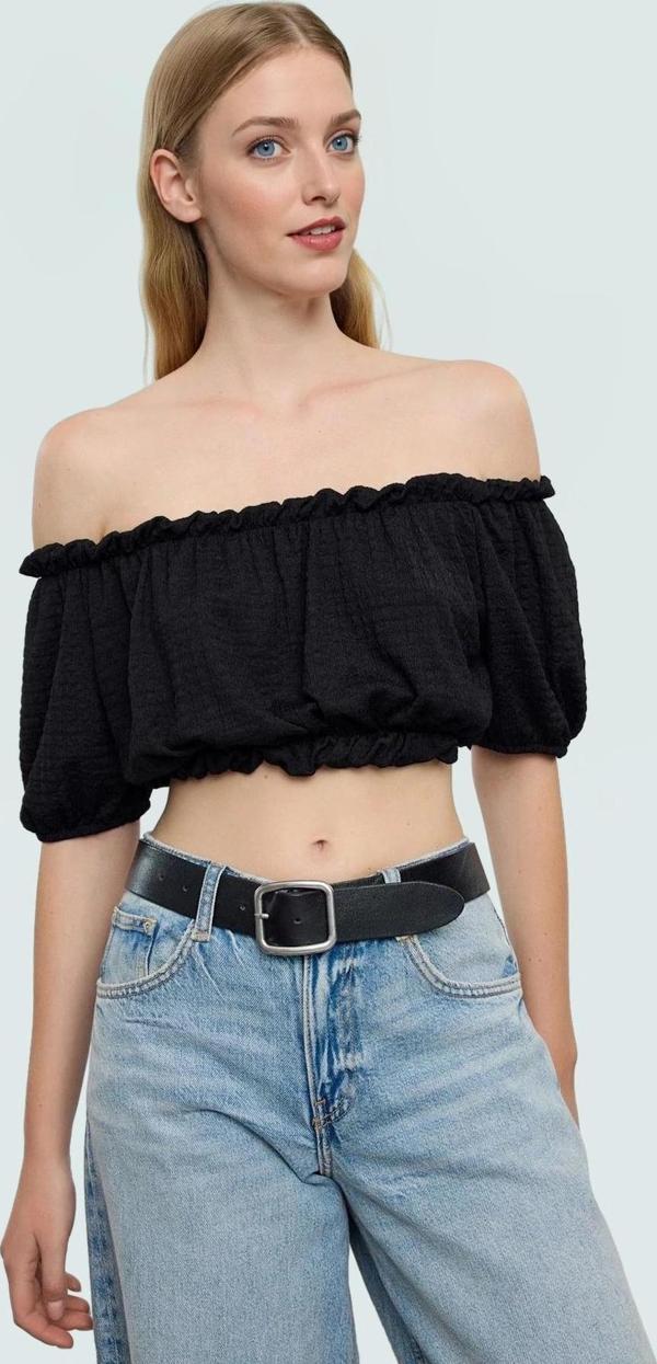 Kadın Polyester Bürümcük Dokuma Crop Bluz Carmen Yaka Kısa Kol Özel Tasarım Zarifane - Image 1