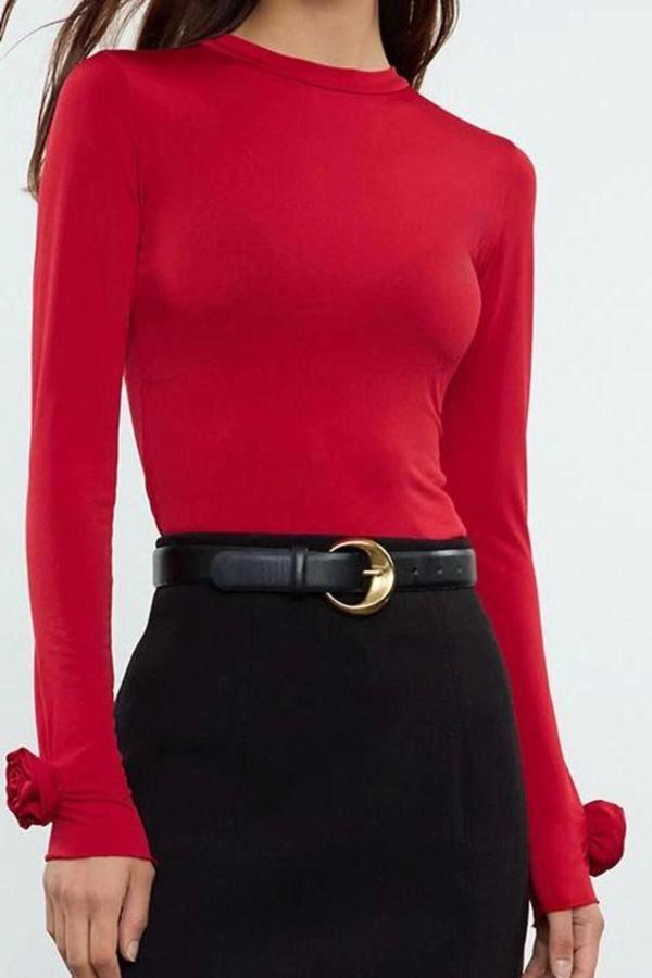 Stil Kadın Gül Detaylı Fitted Vucuda Oturan Kollu Esnek Bluz Regular Örme Slim Kalıp - Image 1