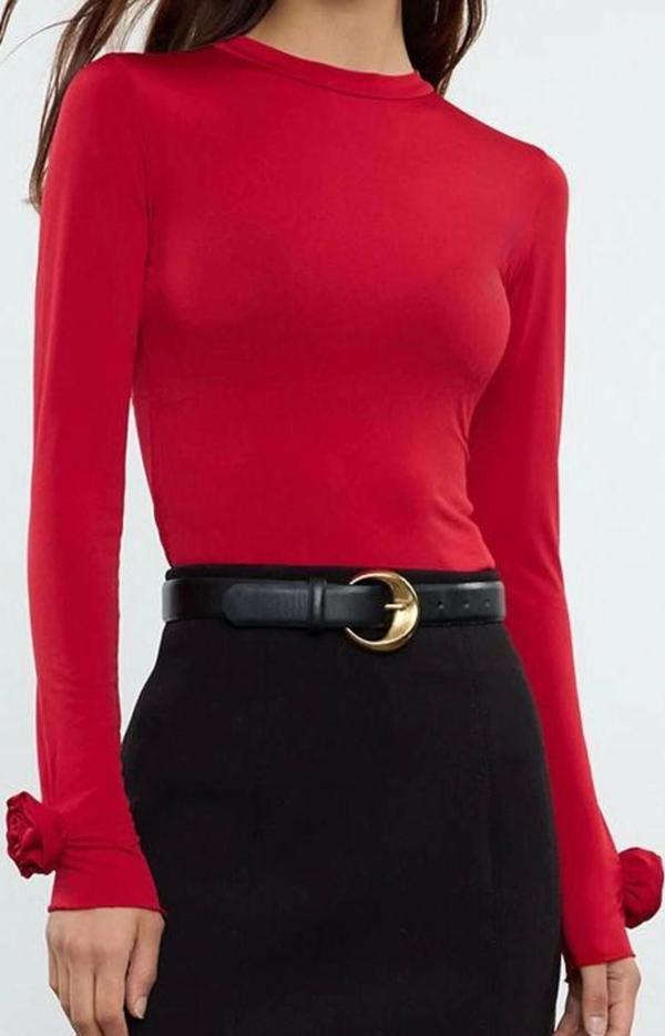 Stil Kadın Gül Detaylı Fitted Vucuda Oturan Kollu Esnek Bluz Regular Örme Slim Kalıp - Image 1