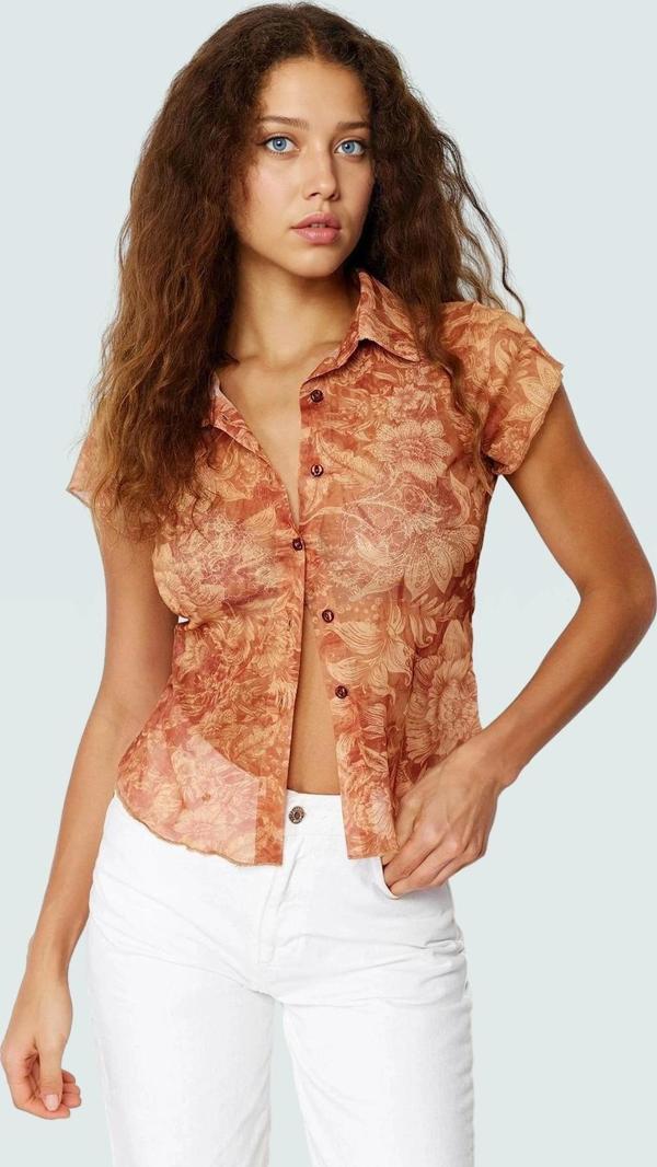Çok Çiçek Desenli Polyester Örme Bluz Vücuda Oturan Kısa Kollu Gömlek Yaka Tül - Image 1