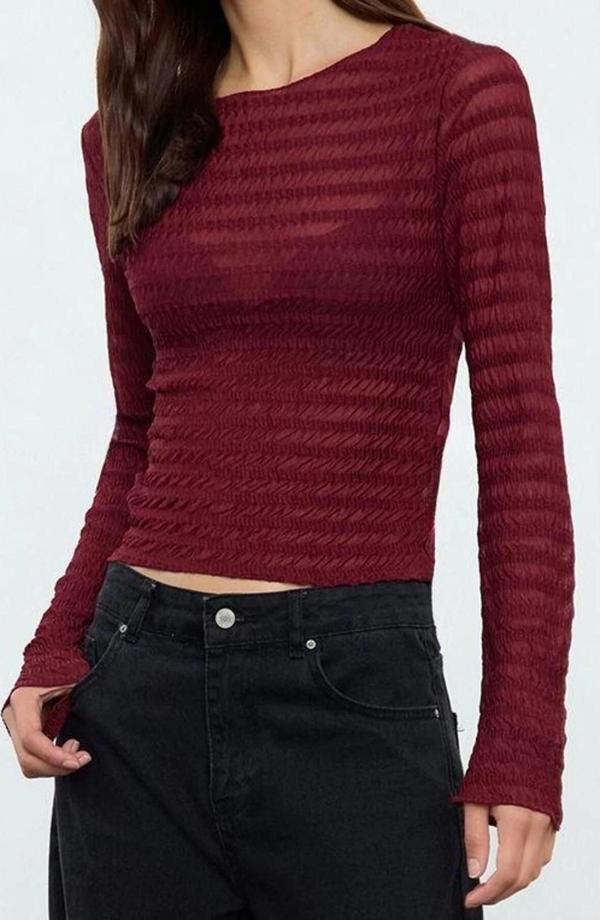 Stil Kadın Fitted Vücuda Oturan Dokulu Tül Esnek Bluz Regular Örme Slim Kalıp - Image 1