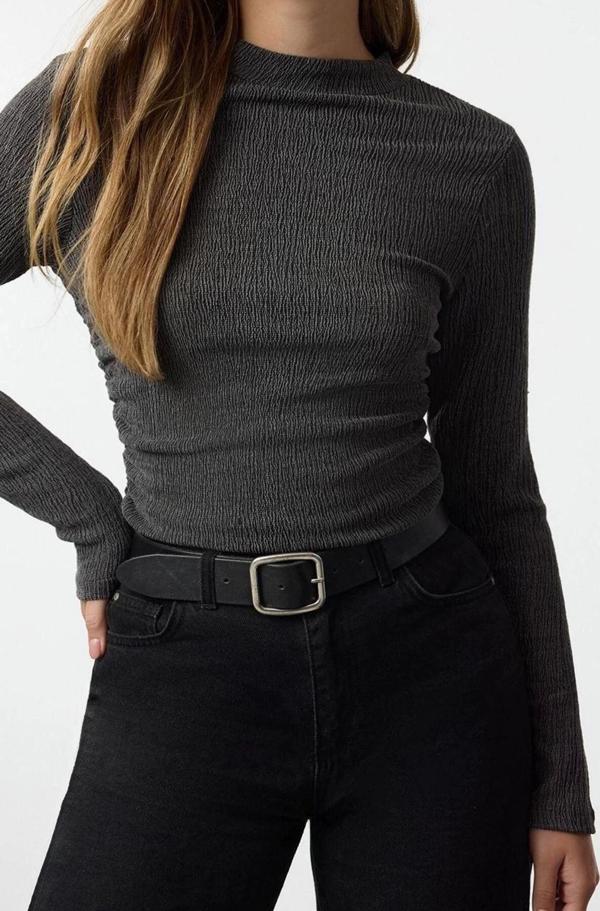 Stil Kadın Büzgü Drape Detaylı Normal Kalıp Bluz Regular Örme Slim Kalıp - Image 1