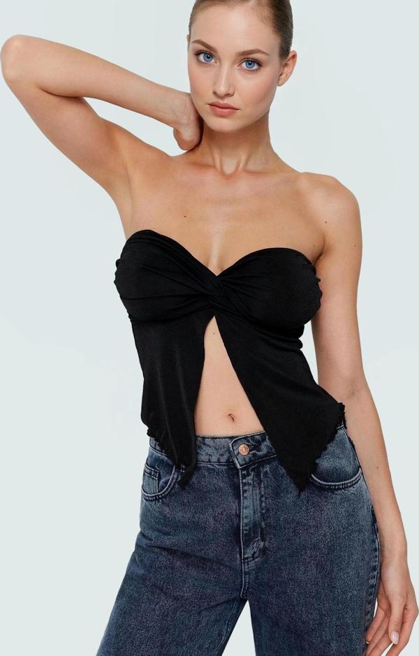 Yazlık Crop Bluz Buzzy Dokuma Polyester Straplez Kemersiz Günlük Stil Rahat Kullanım - Image 1