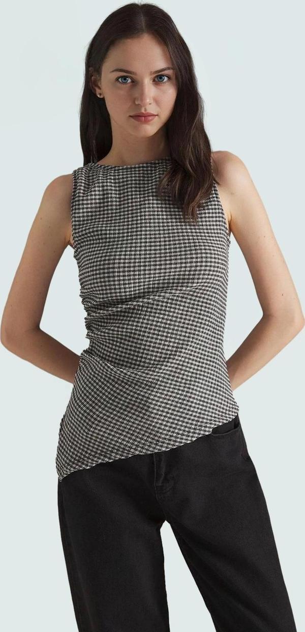 Asimetrik Kolsuz Örme Bluz Jakarlı Dokuma Polyester Kumaş Rahat Kullanım - Image 1