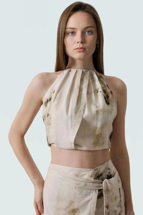 Rahat Kolsuz Bluz Keten Görünümlü Dokuma 100% Polyester Yazlık Crop Profesyonel Görünüm - Image 1