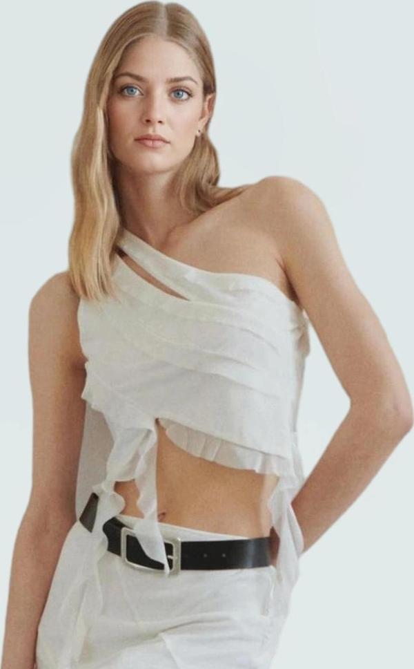 Yazlık Crop Bluz Tül Örme Asimetrik Yaka Polyester Karışım Dayanıklı Malzeme Konforlu Kesim - Image 1
