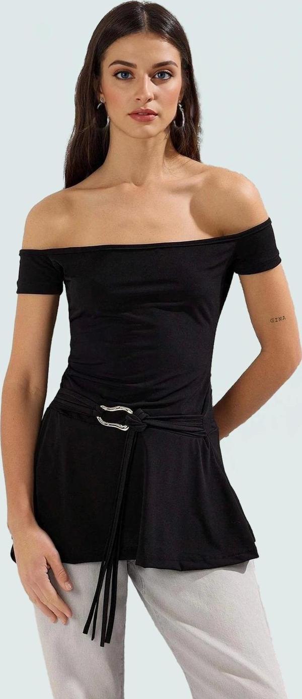 Uzun Örme Bluz Carmen Yaka Kemerli Rahat Kalıp Yazlık Yüksek Kalite Şık Görünüm - Image 1