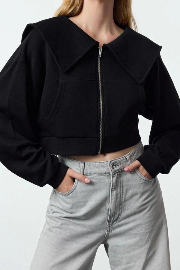 Tarz Crop Polo Yaka Düşük Kol Crop Normal Kalıp Fermuarlı Yaka Detaylı Örme Sweatshirt - Image 1