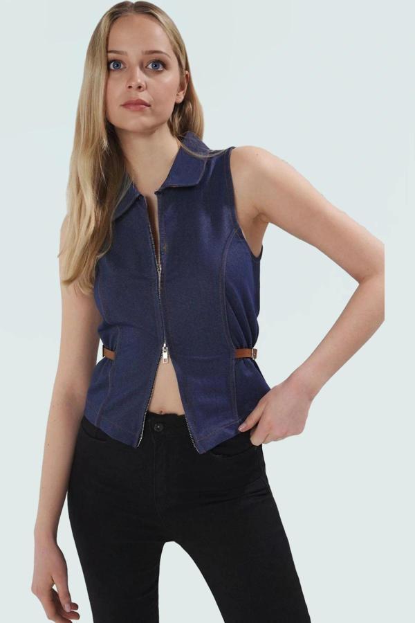 Denim Bluz 2 İplik Penye Örme Full Fermuar Aksesuar Detaylı Rahat Kalıp Yüksek Kalite - Image 1