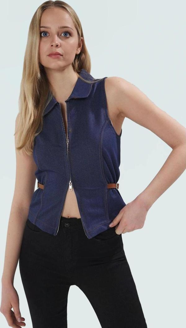 Denim Bluz 2 İplik Penye Örme Full Fermuar Aksesuar Detaylı Rahat Kalıp Yüksek Kalite - Image 1