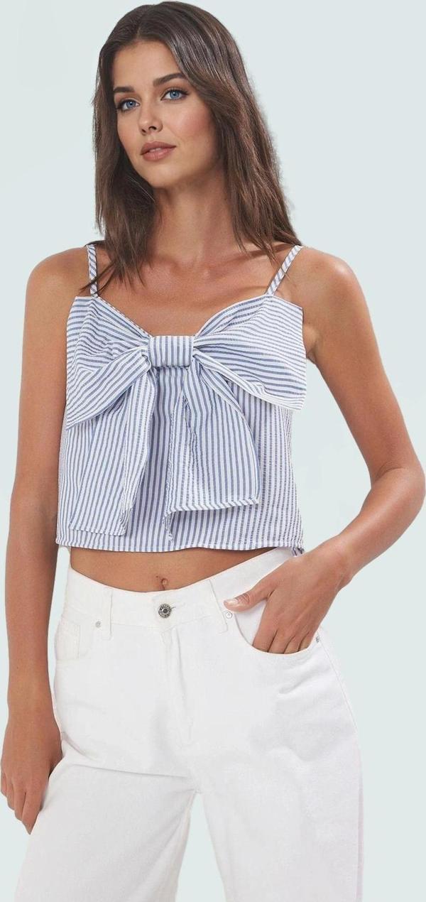 Rahat Yazlık Çizgili Crop Bluz Fiyonklu Dokuma Kumaş Uzun Ömürlü Yüksek Kalite Kaliteli İşçilik - Image 1