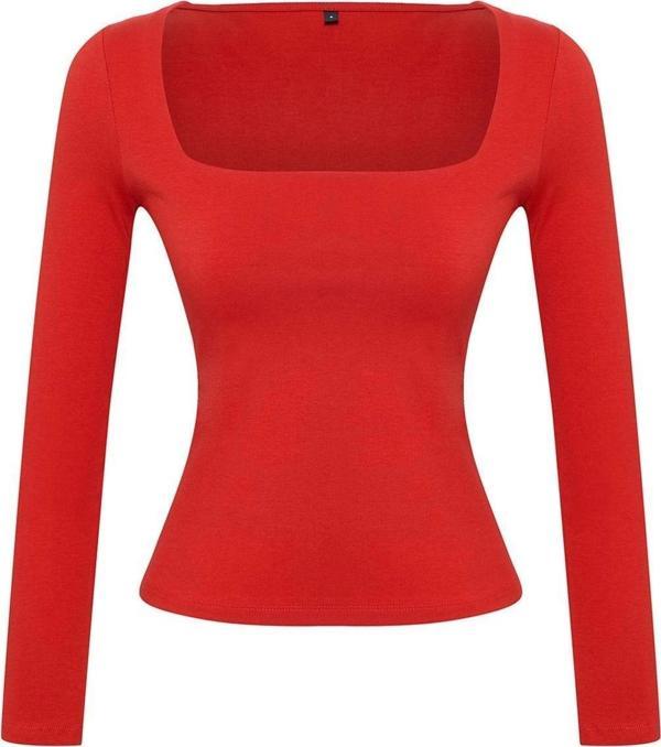 Moda Kare Yaka Örme Slim Düz Desen Casual Günlük Regular Uzun Kol Bluz - Image 1