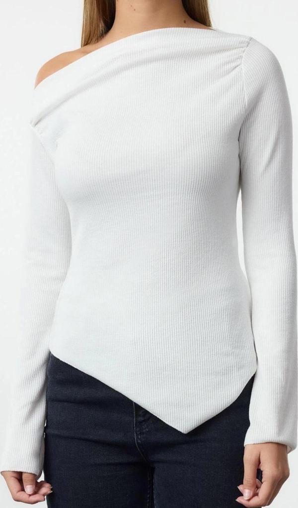 Moda Kayık Yaka Örme Slim Düz Desen Casual Günlük Uzun Uzun Kol Bluz - Image 1