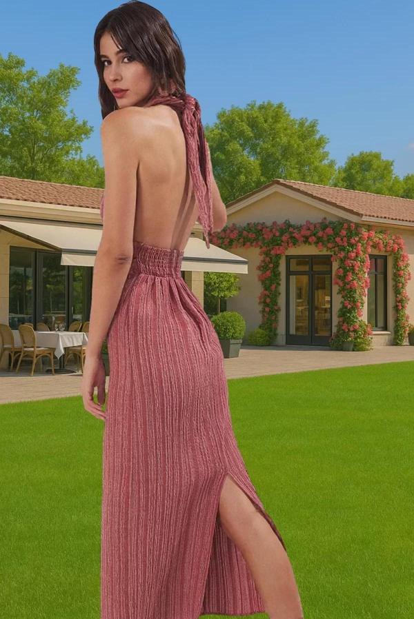 Şık Sırt Dekolteli Maxi Plaj Elbisesi Keten Karışımlı Dokuma Kumaş Şık Görünüm Mükemmel Uyum - Image 1