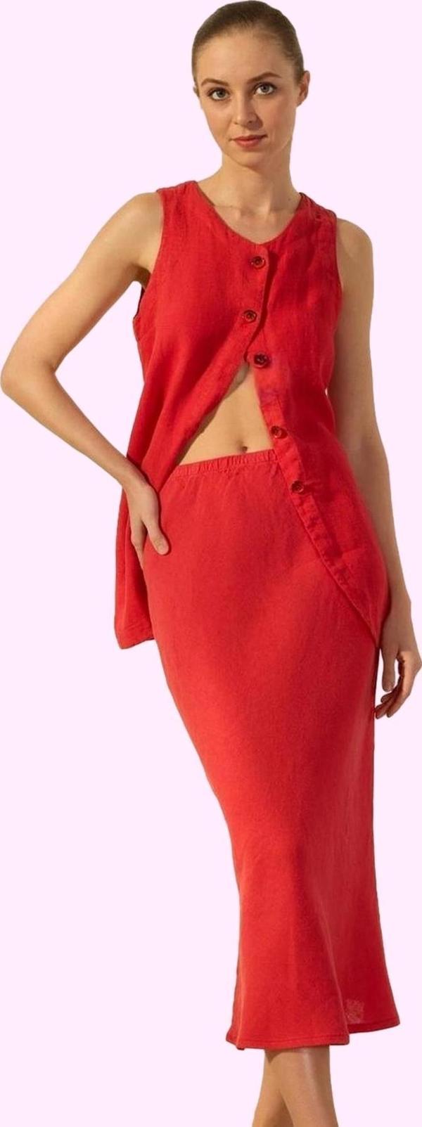 Kadın Keten Midi Etek Yüksek Bel Dokuma Kumaş Günlük Hafta Sonu Yaz Aylarının Vazgeçilmezi - Image 1