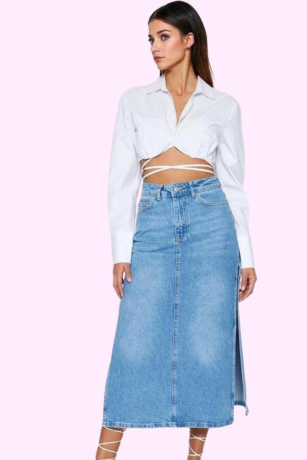 Kadın Denim Maxi Etek Pamuk Yüksek Bel Yırtmaçlı Casual Stil Günlük Kullanım Modern Tasarım - Image 1