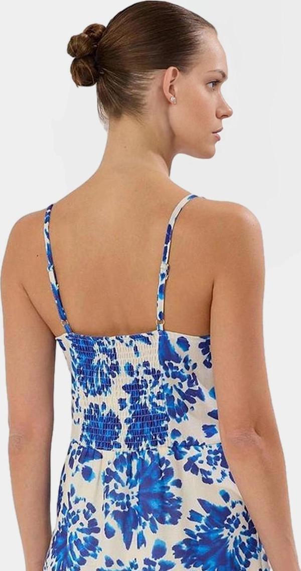 Dokuma Polyester Maxi Elbise Çiçekli Desen Kalp Yaka Skater Yazlık Özel Tasarım - Image 1