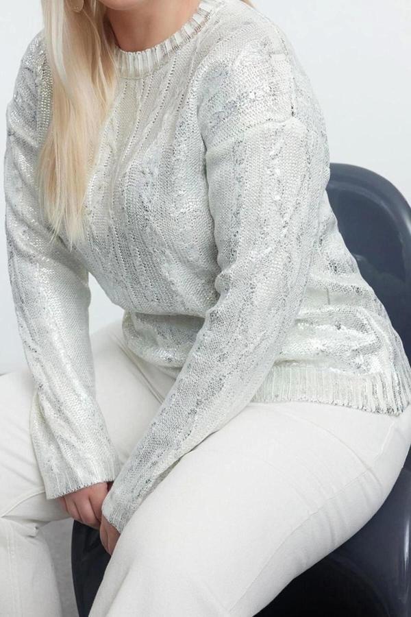 Büyük Beden Kadın Modern Tarz Rahat Uzun Bisiklet Yaka Saç Örgü Kol Crop Triko Kazak - Image 1