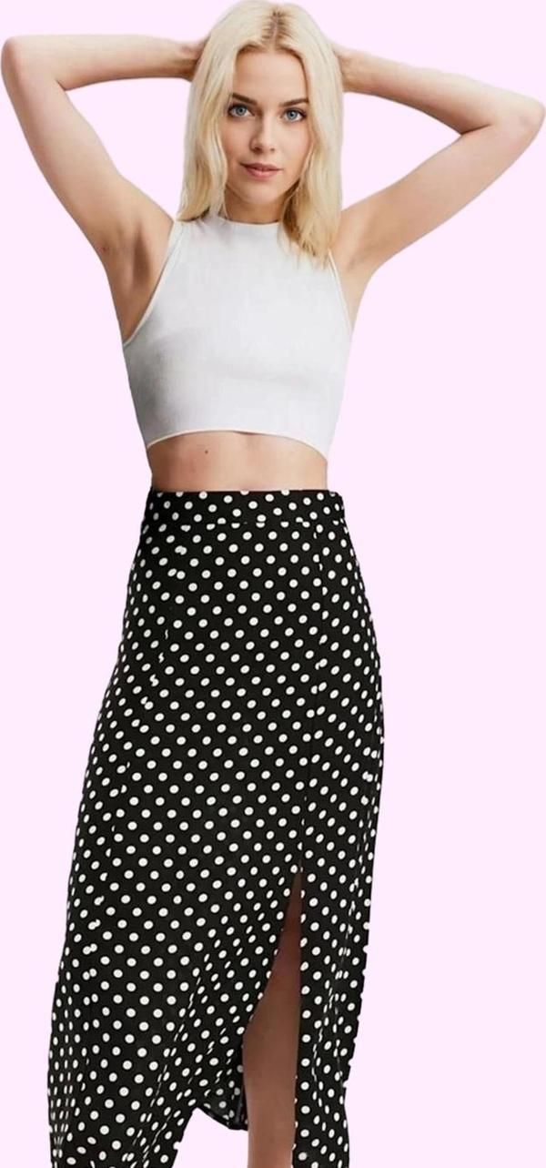 Kadın Puantiyeli A Line Midi Etek Yüksek Bel Shally Dokuma Viskoz Rahat Yazlık Günlük Kullanım - Image 1