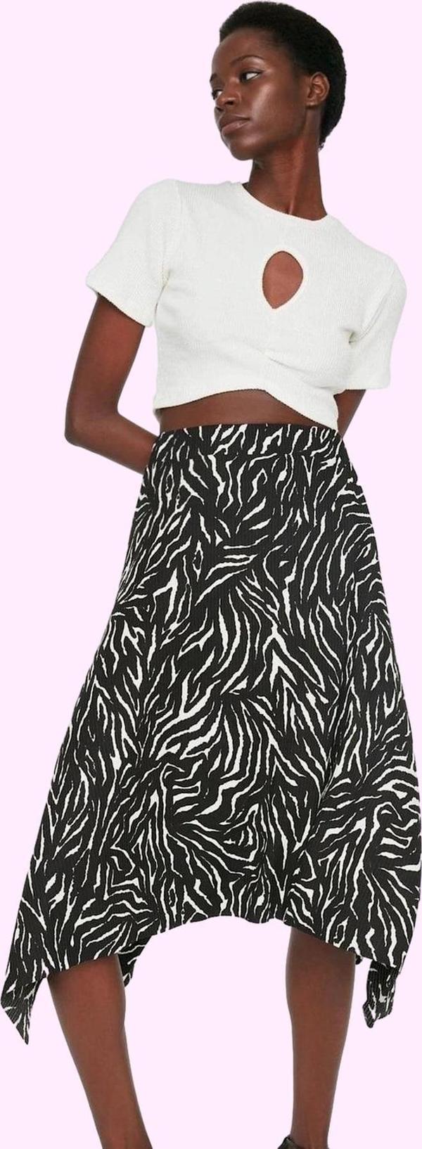 Kadın Yüksek Bel Midi Etek Zebra Desenli Asimetrik Kesim Örme Kumaş Günlük Kombin Hafta Sonu - Image 1