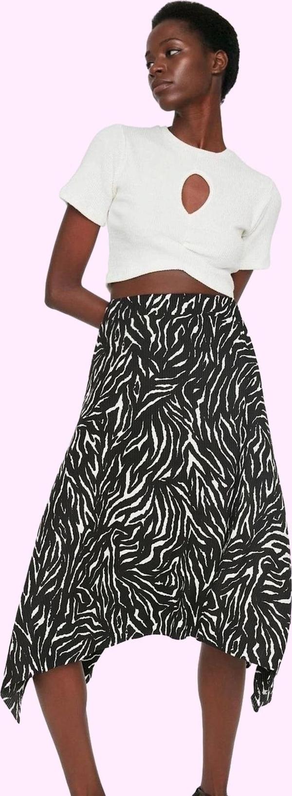 Kadın Yüksek Bel Midi Etek Zebra Desenli Asimetrik Kesim Örme Kumaş Günlük Kombin Hafta Sonu - Image 1