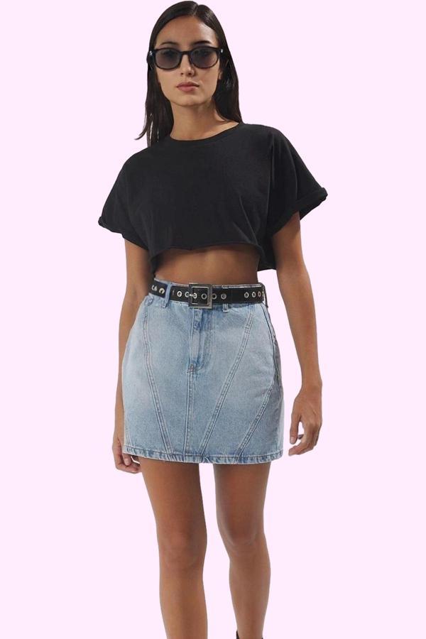 Kadın Pamuk Denim Mini Etek Yüksek Bel Soluk Efekt Günlük Kombinler İçin Dayanıklı Malzeme - Image 1