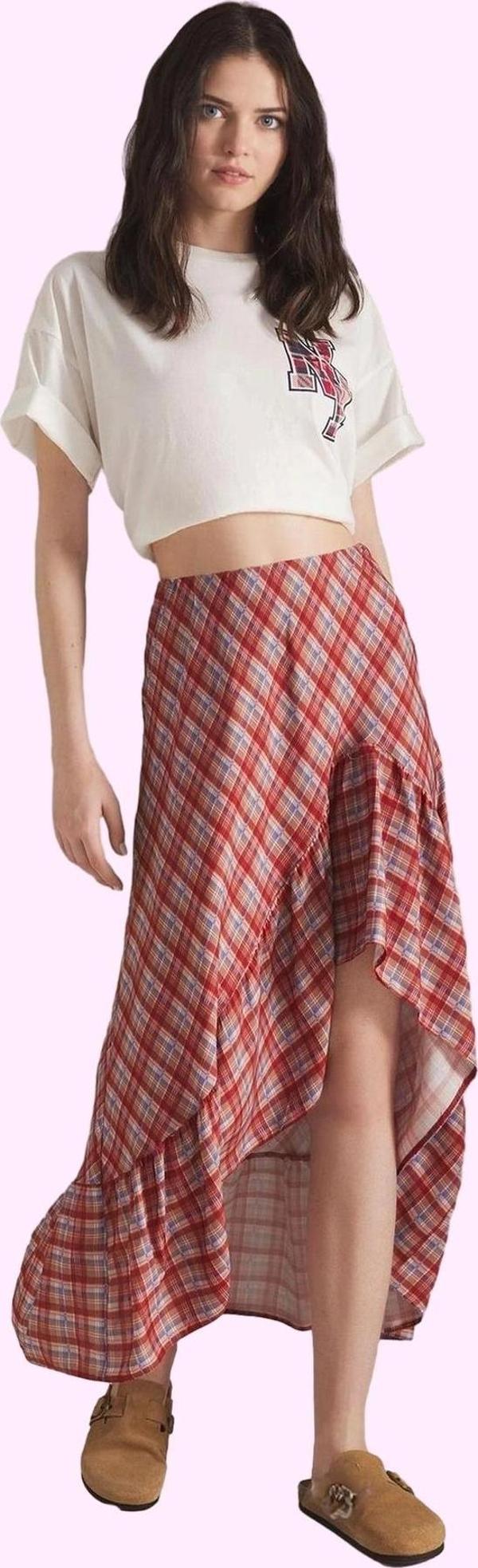 Kadın Yazlık Midi Etek Ekose Desen Shally Dokuma Asimetrik Günlük Stil Yaz Aylarının Vazgeçilmezi - Image 1