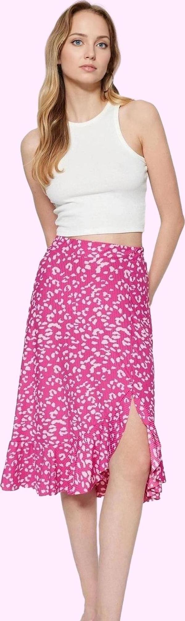 Kadın Yüksek Bel A line Midi Etek Çiçekli Desenli Örme Kumaş Rahat Yaz Aylarının Vazgeçilmezi - Image 1