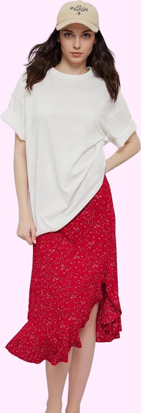 Kadın Yüksek Bel A line Midi Etek Çiçekli Desenli Örme Kumaş Rahat Yaz Aylarının Vazgeçilmezi - Image 1