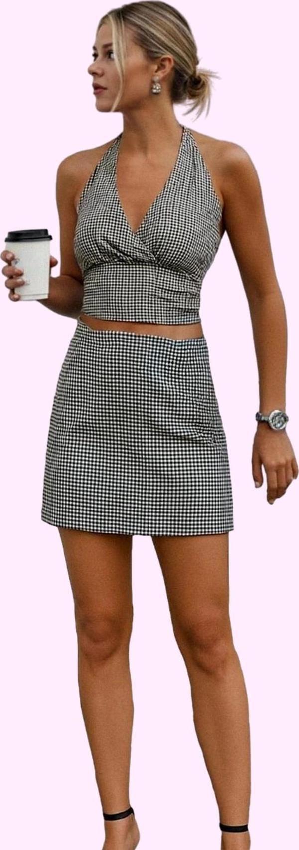 Kadın Slim Fit Kareli Mini Örme Etek Şort Detaylı Rahat Yazlık Günlük Kullanım Özel Günler - Image 1