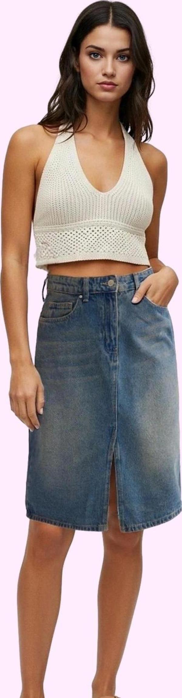 Kadın Pamuklu Denim Midi Etek; Günlük Şıklık İçin Rahat Kalıp Hafta Sonu Dayanıklı Malzeme - Image 1