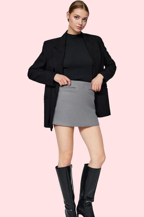 Kadın Cep Detaylı Dokuma Şort Etek Yüksek Bel Smart Casual Yaz Günlük Kullanım Özel Günler - Image 1