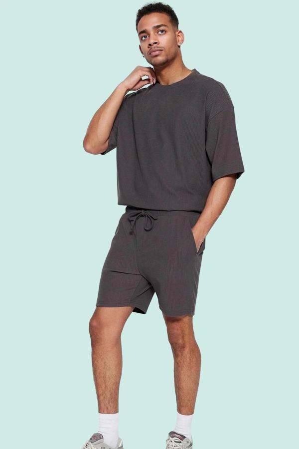 Erkek Rahat Kesim Şort; Polyester Elastan Dokulu Ottoman Kumaş Normal Bel Kısa Boy Günlük Kullanım - Image 1