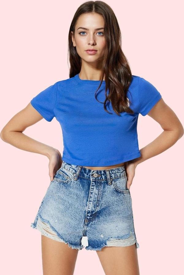 Kadın Denim Şort Yüksek Bel Geniş Paça Yırtık Detaylı Pamuk Yaz Günlük Kullanım Hafta Sonu - Image 1