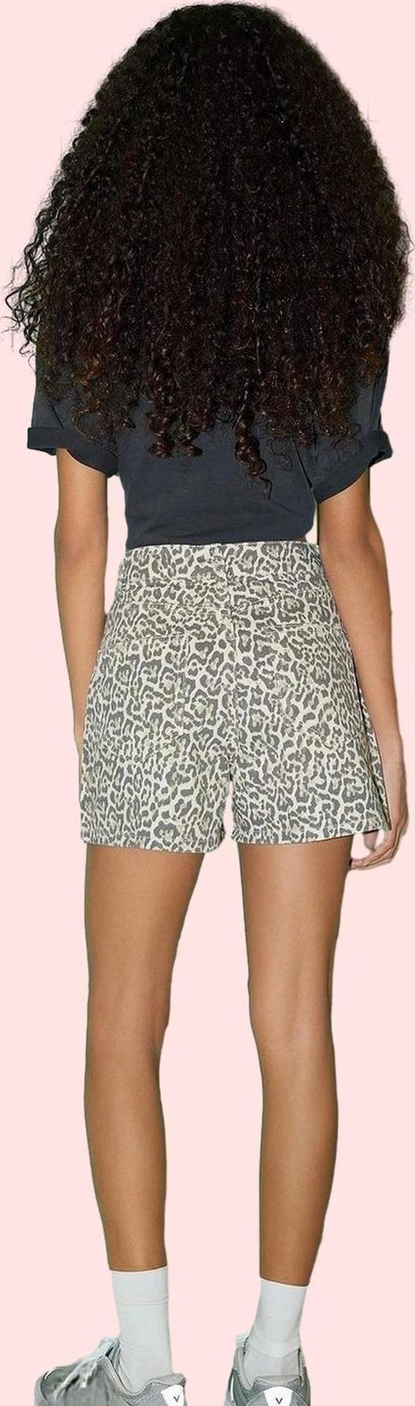 Kadın Pamuk Denim Şort Yüksek Bel City Short Kalıp Geniş Paça Çok Leopar Desenli Günlük Kombinler - Image 1