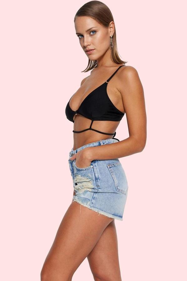 Kadın Denim Şort Pamuk; Yüksek Bel; Kısa Boy; Straight Kalıp; Yazlık Kombinler İçin Günlük Kullanım - Image 1