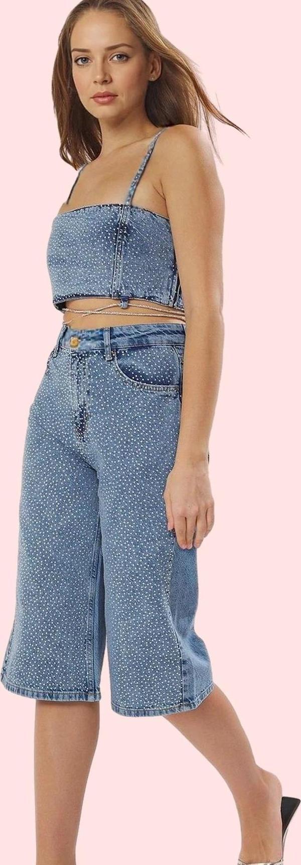 Kadın Kapri Boy Denim Bermuda Şort Pamuk Yüksek Bel Tasarım Günlük Ve Özel Günler Hafta Sonu - Image 1