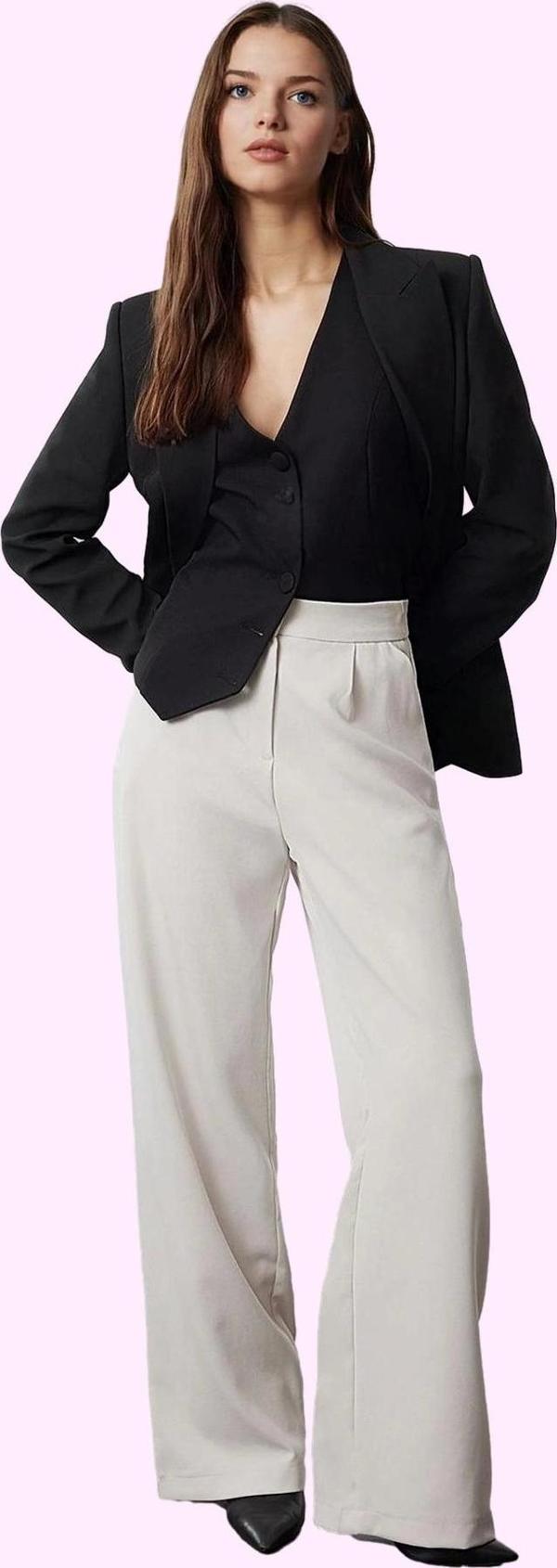 Kadın Regular Yüksek Bel Geniş Paça Pantolon Düz Desen Casual Kış Yaz Aylarının Vazgeçilmezi - Image 1